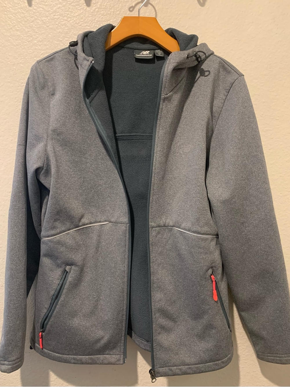 New Balance Men’s Grey Hooded Softshell Jacket with Red Zipper Accents